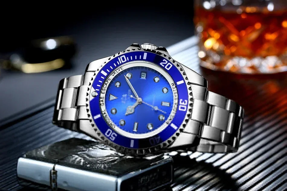 Automatic Watches for Men Mechanical Self Wind Movement Stainless Steel Gold Gradient Black Blue Date Reloj Hombre Baratos