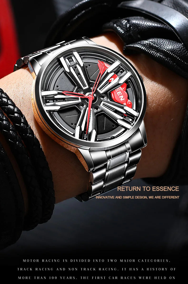 2025 New Racing Watches Men Custom Design Super Car Rim Watch Stainless Steel Black Retro Waterproof Watch Relogio Masculino