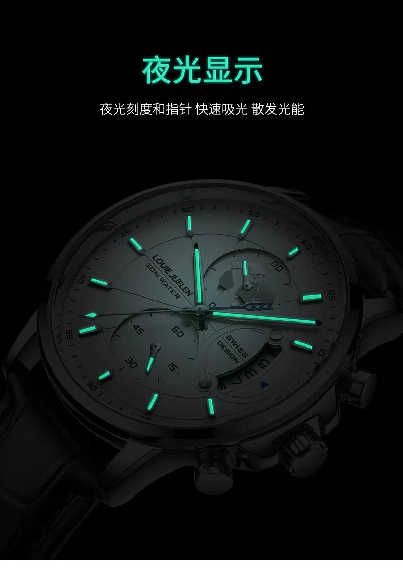 LOUIE JUELEN New Hot-Selling Men's Business Watch - Genuine Leather Strap Chronograph 3Eye Luminous Waterproof Quartz Wristwatch