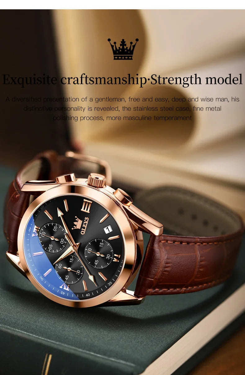 OLEVS 2872 Chronograph Men's Wristwatches Leather Strap Waterproof Luminous Original Quartz Watch for Men Luxury Sport Man Watch