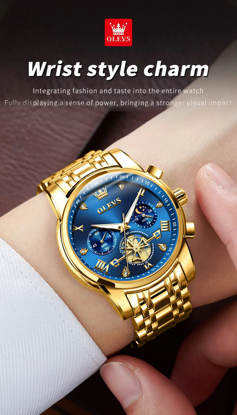 OLEVS Luxury Brand Men's Watch Classic Roman Scale Flywheel Design Moon Phase Waterproof Quartz Watch for Men Original 2856