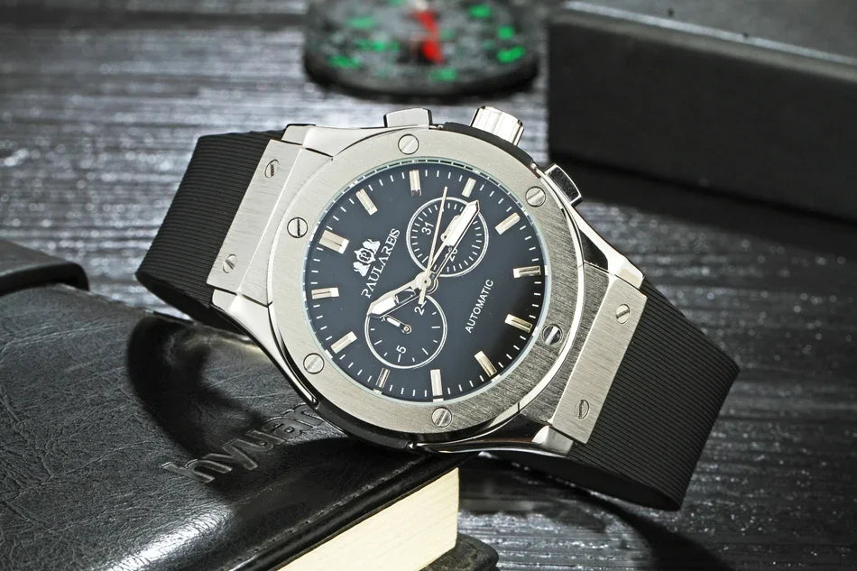 Automatic Watches for Men Mechanical Movement Rose Gold Silver Black Case White Rubber Casual Sports Geneve Watch
