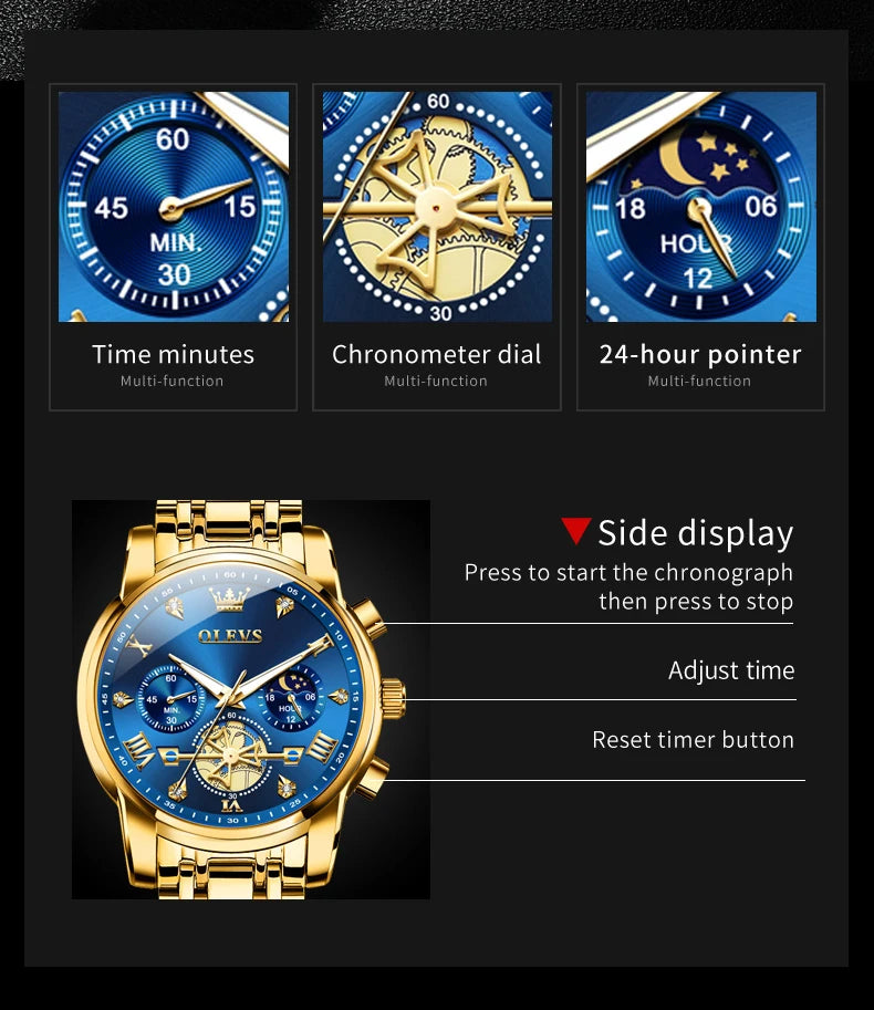 OLEVS Luxury Brand Men's Watch Classic Roman Scale Flywheel Design Moon Phase Waterproof Quartz Watch for Men Original 2856