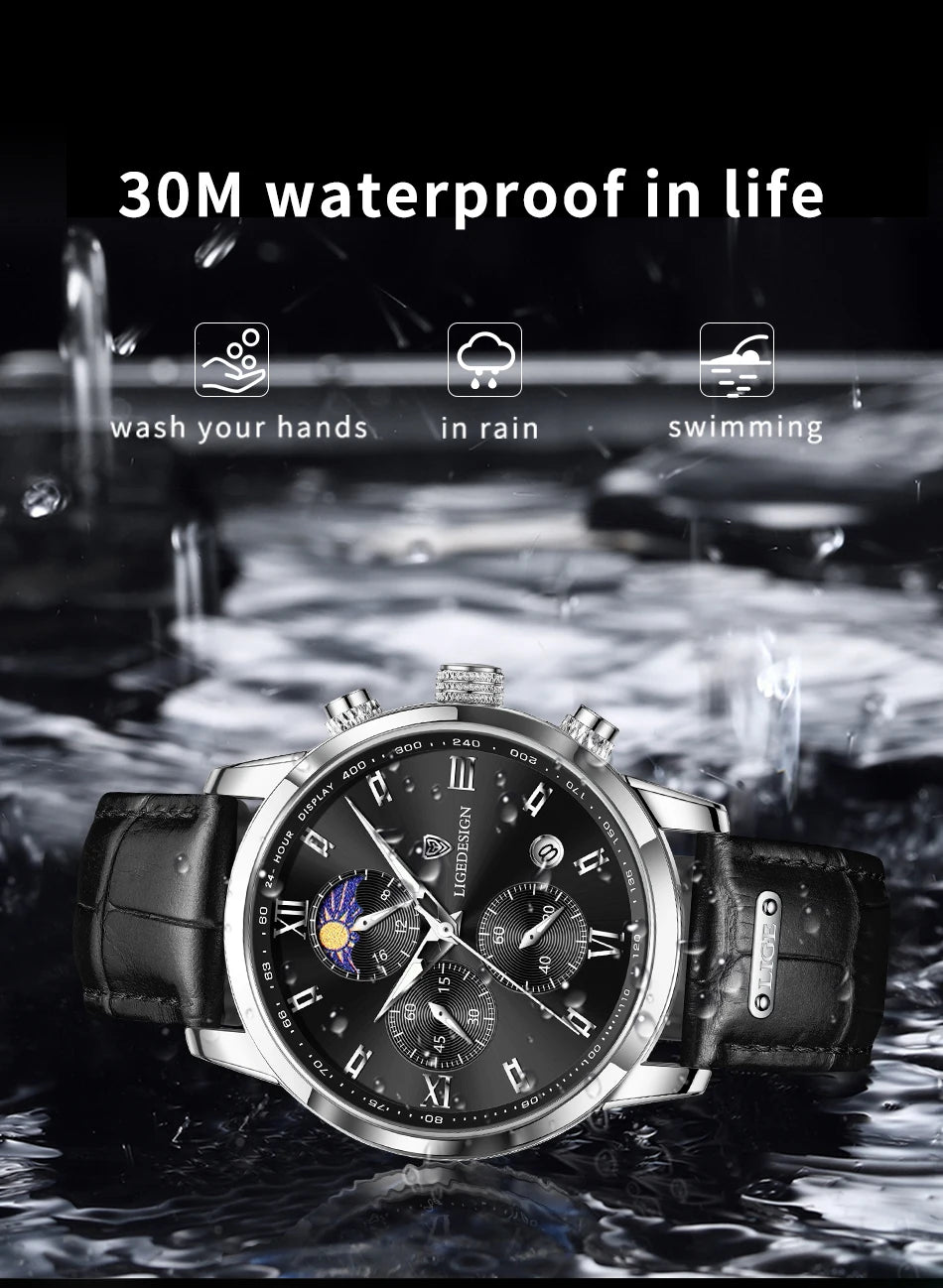 LIGE New Casual Men Watch Luxury Leather Waterproof Sport Quartz Wristwatch Chronograph Military Watch for Men Relogio Masculino