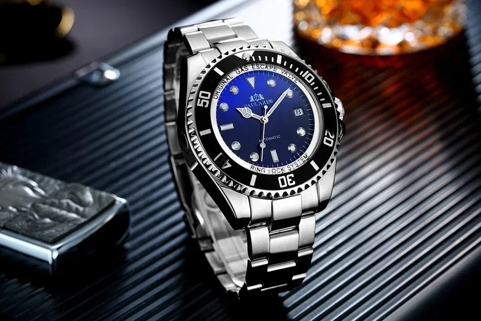 Automatic Watches for Men Mechanical Self Wind Movement Stainless Steel Gold Gradient Black Blue Date Reloj Hombre Baratos