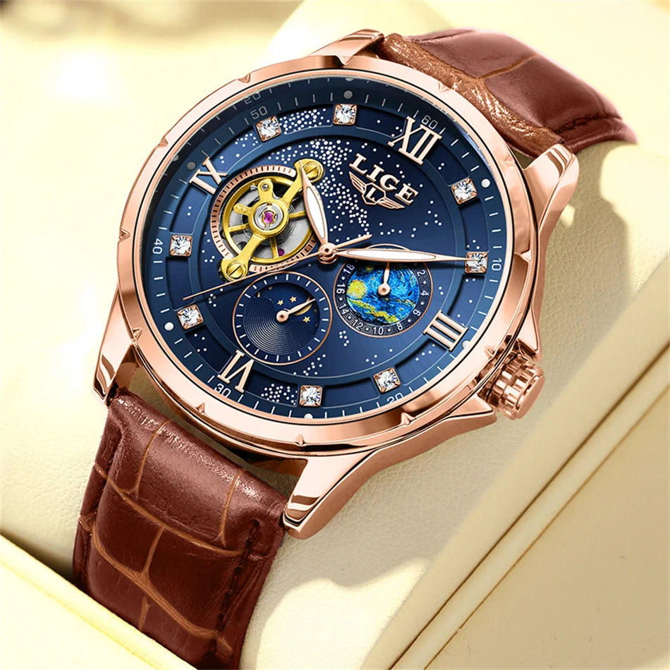 LIGE Top Luxury Mechanical Watches Men Fashion Diamonds Automatic Mens Watch 30M Waterproof Luminous Wristwatch Male Reloj 2026