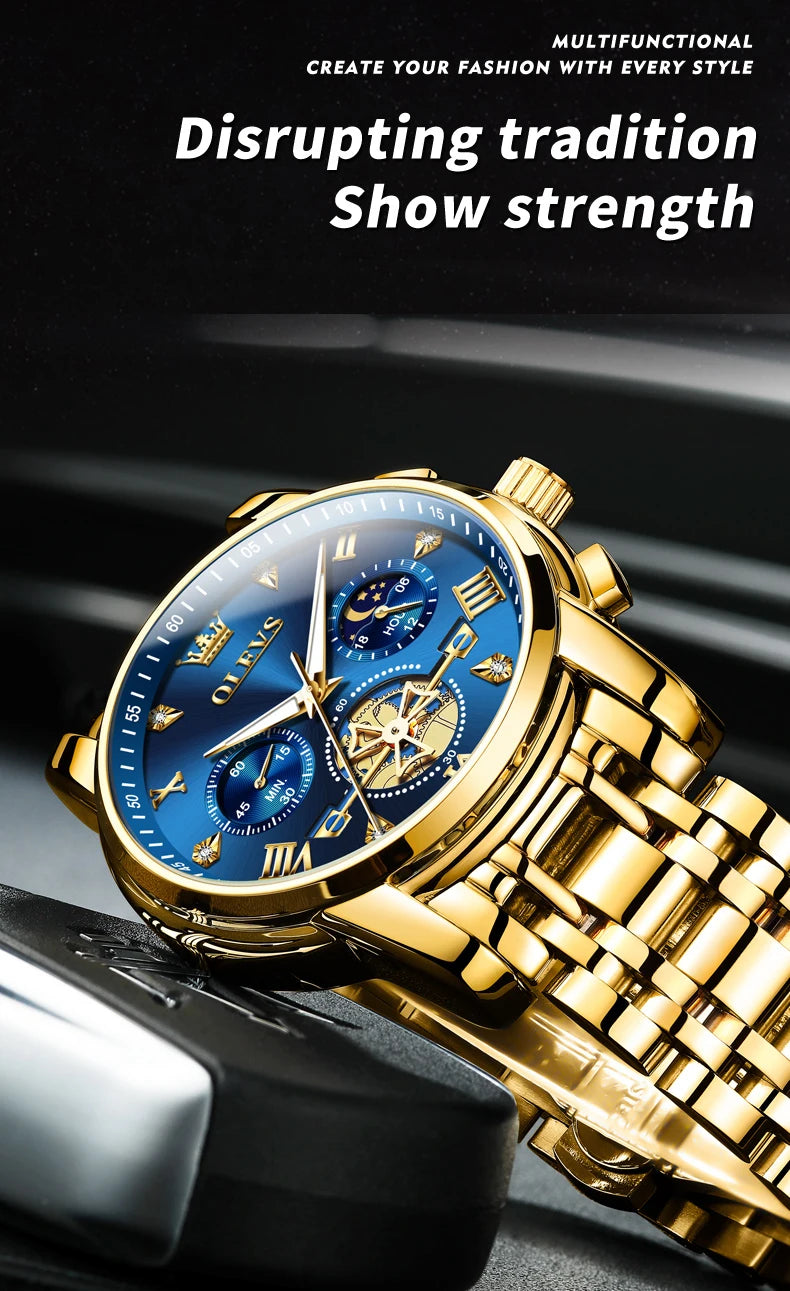 OLEVS Luxury Brand Men's Watch Classic Roman Scale Flywheel Design Moon Phase Waterproof Quartz Watch for Men Original 2856