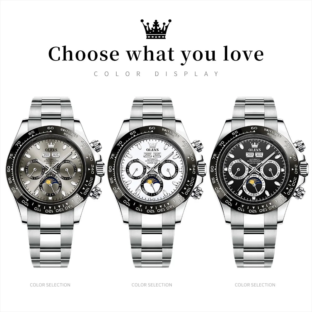 OLEVS 6654 Mens Watch Chronograph Automatic Mechanical Wristwatch Light Luxury Waterproof Luminous Function Brand Watch for Man