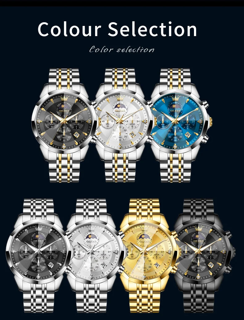 OLEVS Hot Sale Men's Watches Original Brand Quartz Watch Rhombus Mirror Waterproof Luminous Chronograph Moon Phase Watches 3673