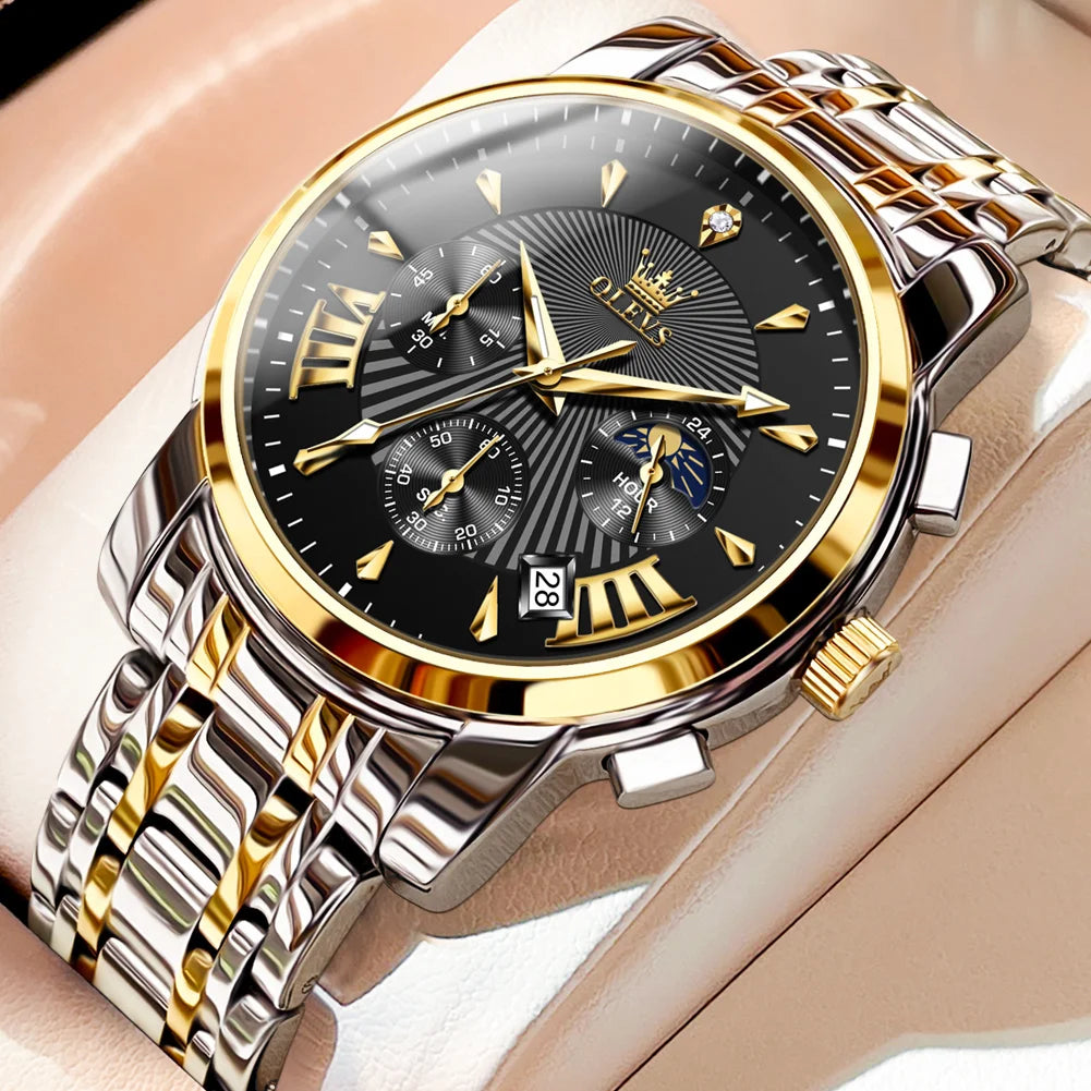 OLEVS Men's Watches 2892 Luxury Business Original Top Brand Quartz Watch for Man Waterproof Moon Phase Date Chronograph Luminous