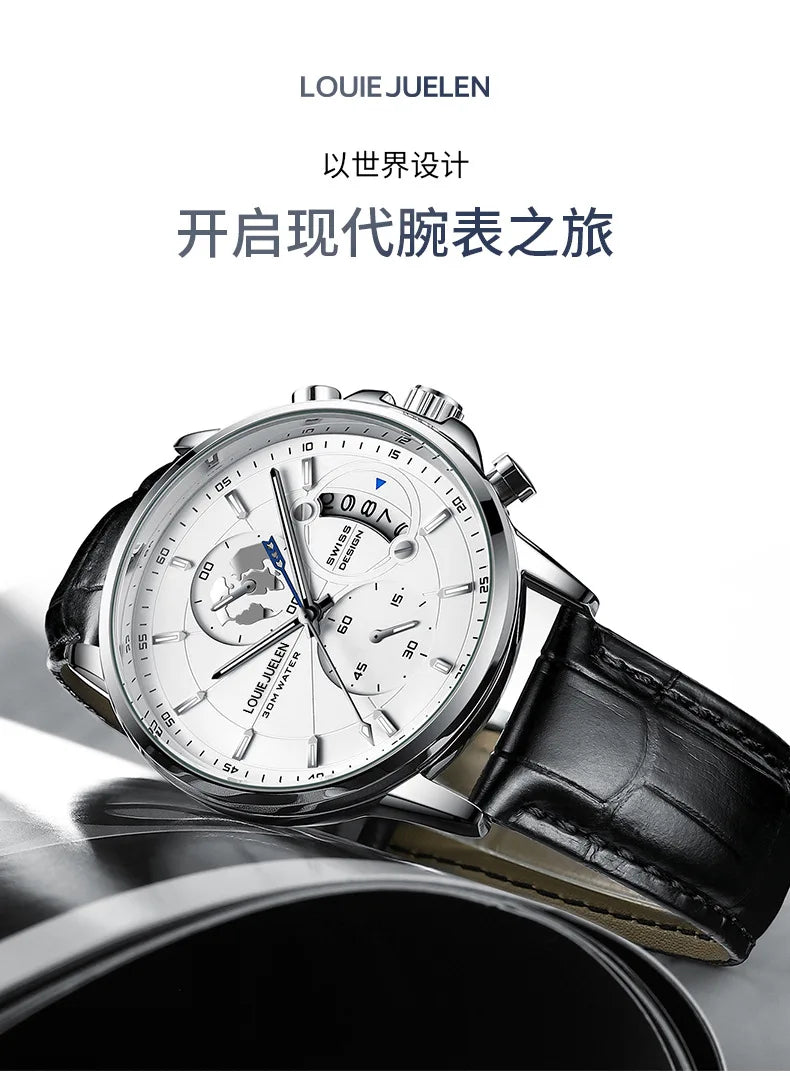 LOUIE JUELEN New Hot-Selling Men's Business Watch - Genuine Leather Strap Chronograph 3Eye Luminous Waterproof Quartz Wristwatch