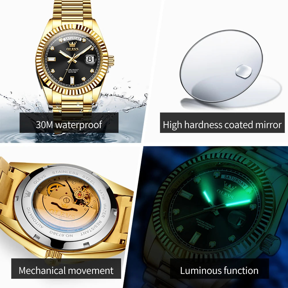 OLEVS Fashion Luxury Men's Automatic Mechanical Watches Waterproof Gold Date Business Luminous Watch for Man Brand Wristwatch