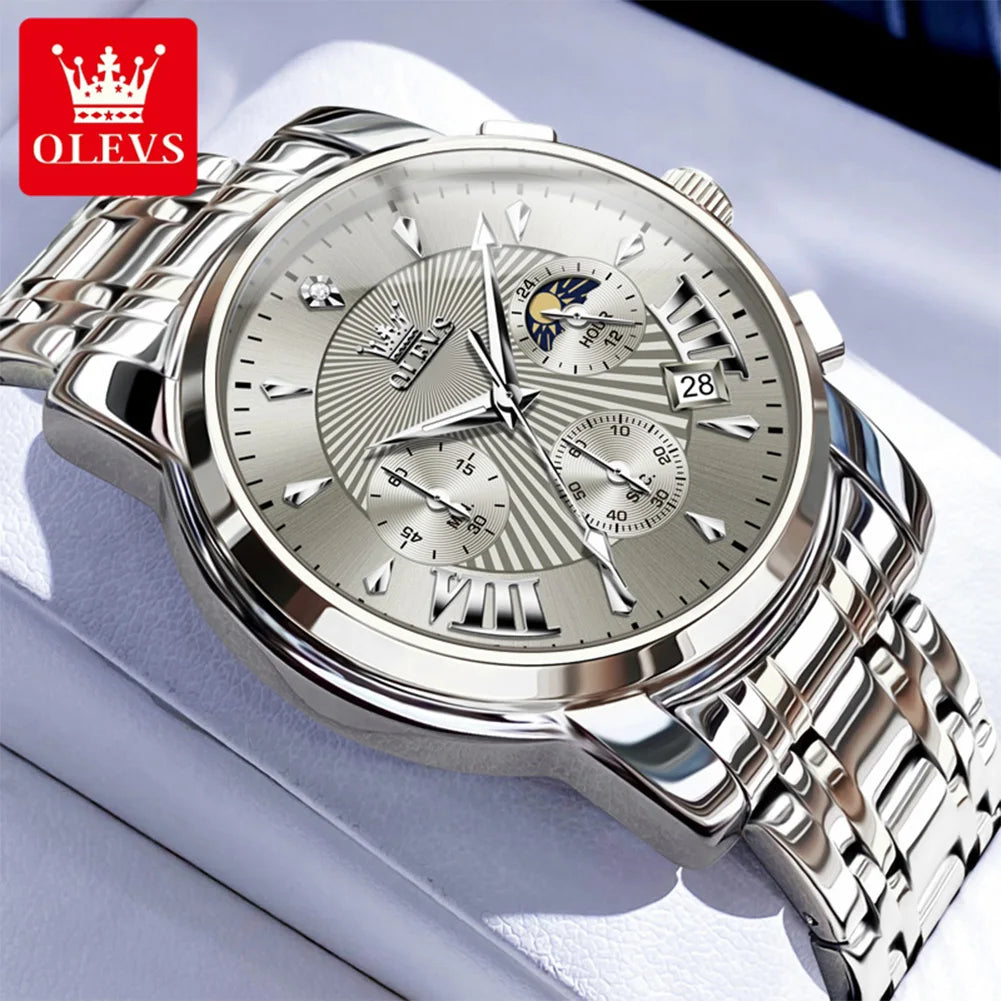 OLEVS Men's Watches 2892 Luxury Business Original Top Brand Quartz Watch for Man Waterproof Moon Phase Date Chronograph Luminous