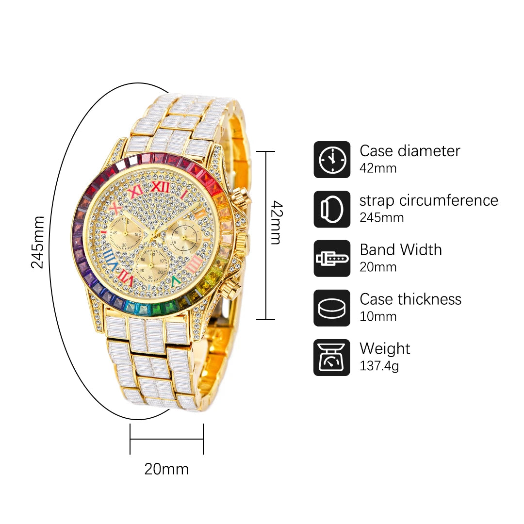 Chronograph Men Quartz Watches Waterproof Rainbow Diamond Luxury Iced Out Watches For Men Gift Dropshipping uhren für herren