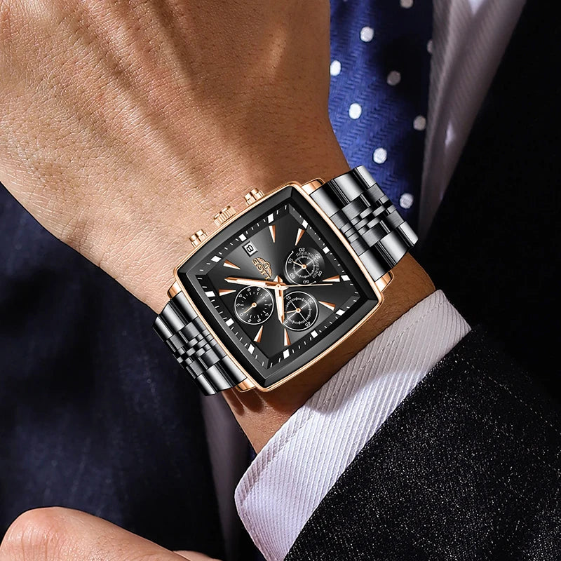 LIGE Fashion Luxury  Watches for Men Square Dial Stainless Steel Waterproof Luminous Auto Date Chronograph Quartz Man Watch+Box