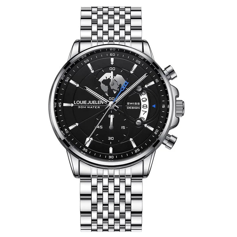 LOUIE JUELEN New Hot-Selling Men's Business Watch - Genuine Leather Strap Chronograph 3Eye Luminous Waterproof Quartz Wristwatch