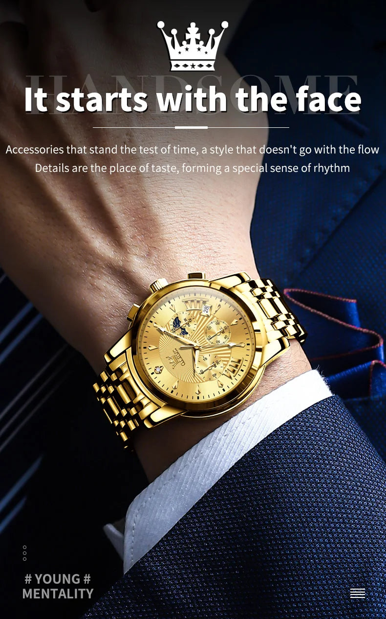OLEVS Men's Watches 2892 Luxury Business Original Top Brand Quartz Watch for Man Waterproof Moon Phase Date Chronograph Luminous