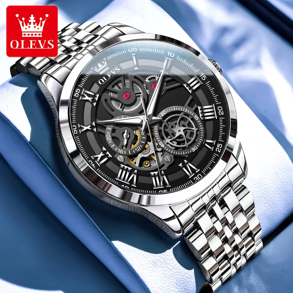 OLEVS 7076 Mechanical Watch for Men Waterproof Skeleton Chronograph Sports Fashion Wristwatch Man Hand Clock