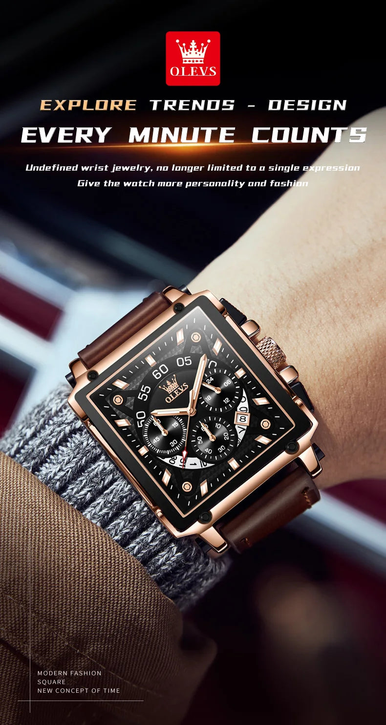 OLEVS 9919 Men Watch Fashion Square Dial Leather Strap Chronograph Waterproof Sports Clock Luxury Original Quartz Wristwatch Man