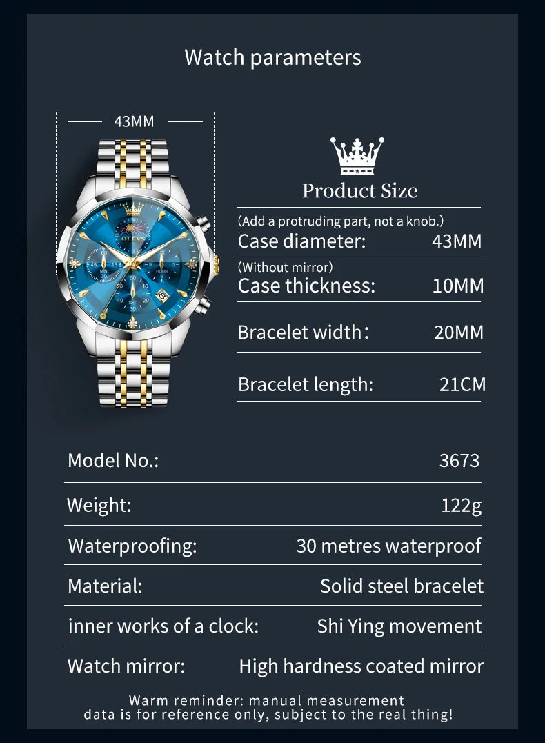 OLEVS Hot Sale Men's Watches Original Brand Quartz Watch Rhombus Mirror Waterproof Luminous Chronograph Moon Phase Watches 3673