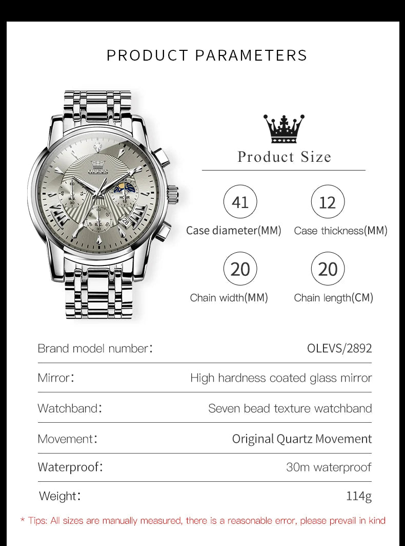 OLEVS Men's Watches 2892 Luxury Business Original Top Brand Quartz Watch for Man Waterproof Moon Phase Date Chronograph Luminous