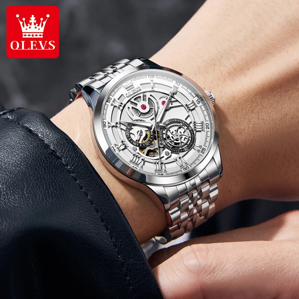 OLEVS 7076 Mechanical Watch for Men Waterproof Skeleton Chronograph Sports Fashion Wristwatch Man Hand Clock