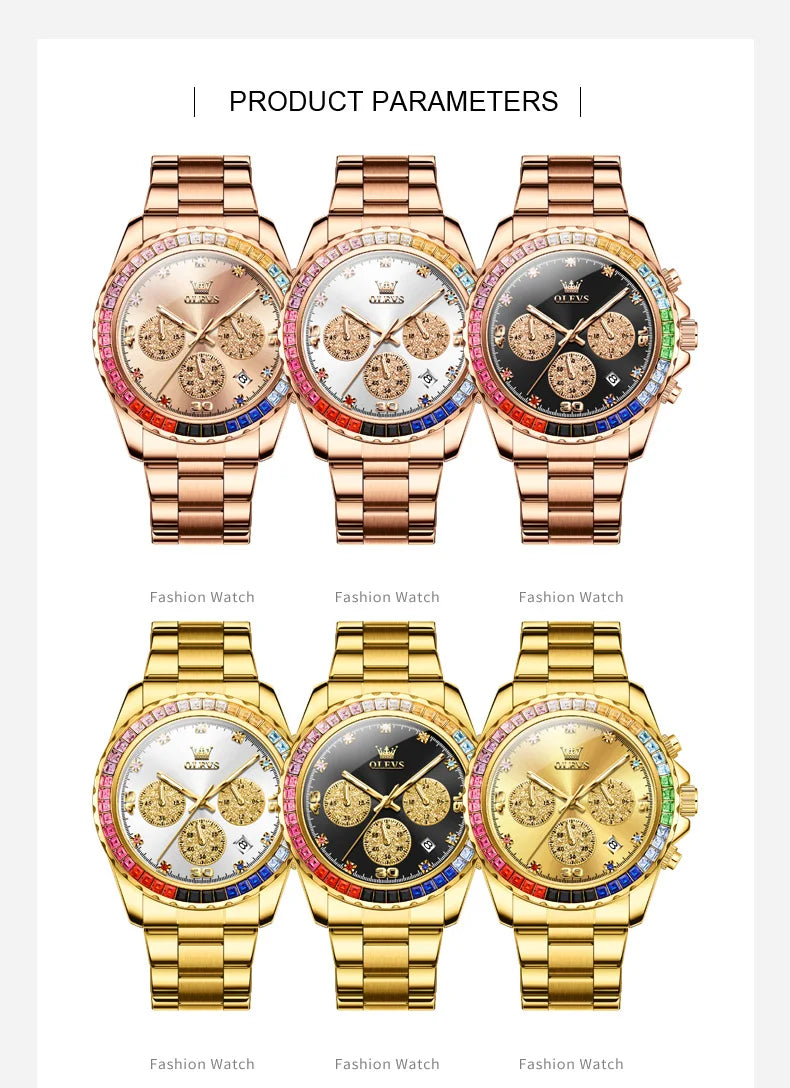 Watches For Men OLEVS Original Rainbow Gem Light Rose Gold Luxury Series Quartz Watch Waterproof Steel Strap Men's Watch New