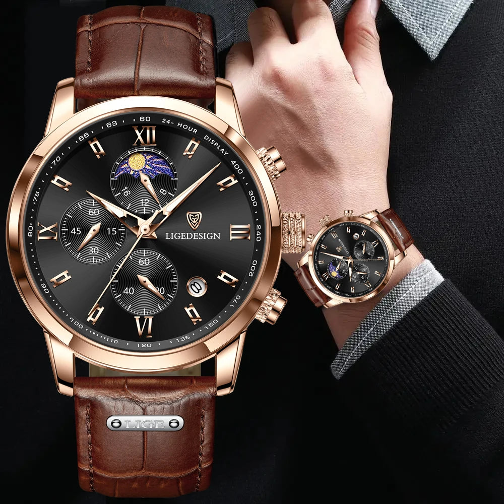 LIGE New Casual Men Watch Luxury Leather Waterproof Sport Quartz Wristwatch Chronograph Military Watch for Men Relogio Masculino