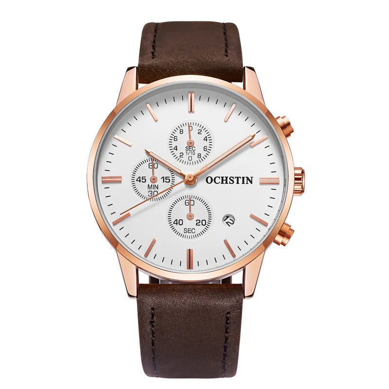 Quartz Watch for Man Multifunctional Chronography Series with 42mm Dial and 10mm Thickness Leather Strap Waterproof 3ATM