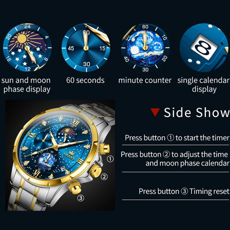 OLEVS 9807 New Mens Watches Original Quartz Watch Multifuncion Chronograph Watch For Man Waterproof Luminous Mens Gifts Freebie