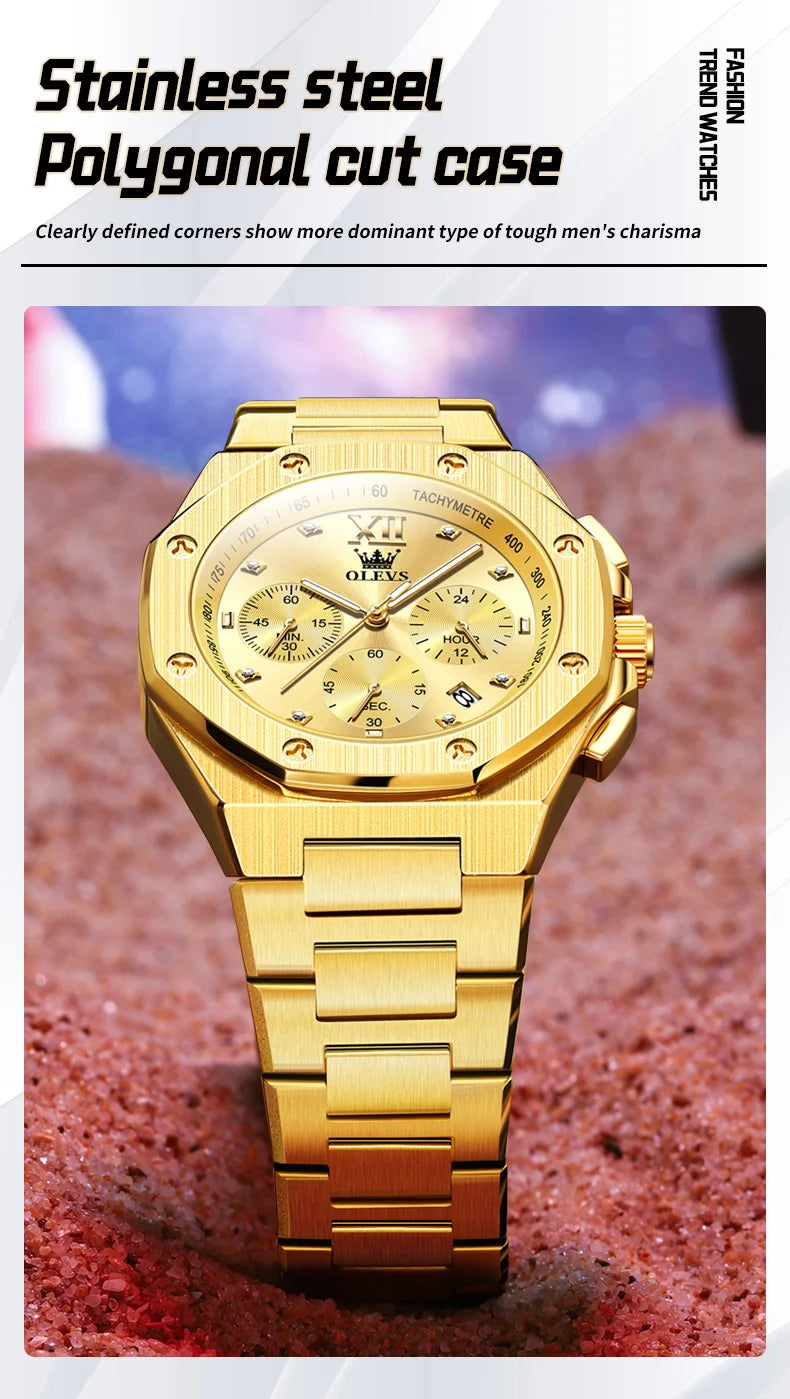OLEVS Men's Watches Classic Luxury Top Brand Fine Steel Original Quartz Wristwatch for Man Waterproof Luminous Date Chronograph