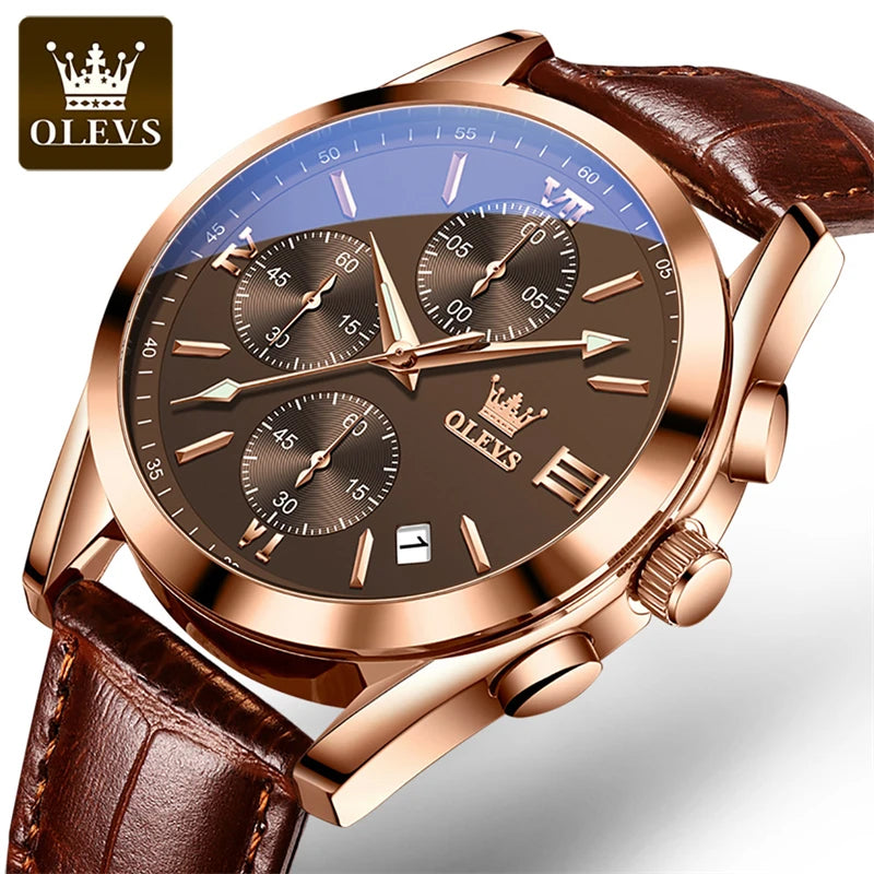 OLEVS Mens Watches Top Brand Luxury Chronograph Quartz Watch Men Sport Leather Waterproof Luminous Date Business Wristwatch Male