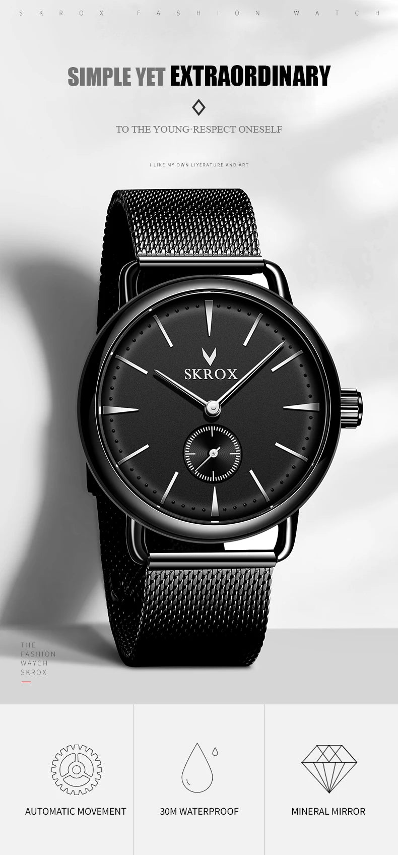 Luxury Brands SKROX Ultra-Thin Mechanical Men's Watch High-End Elegant Design with Mesh Strap Manual Movement Wind-Up Clockwork