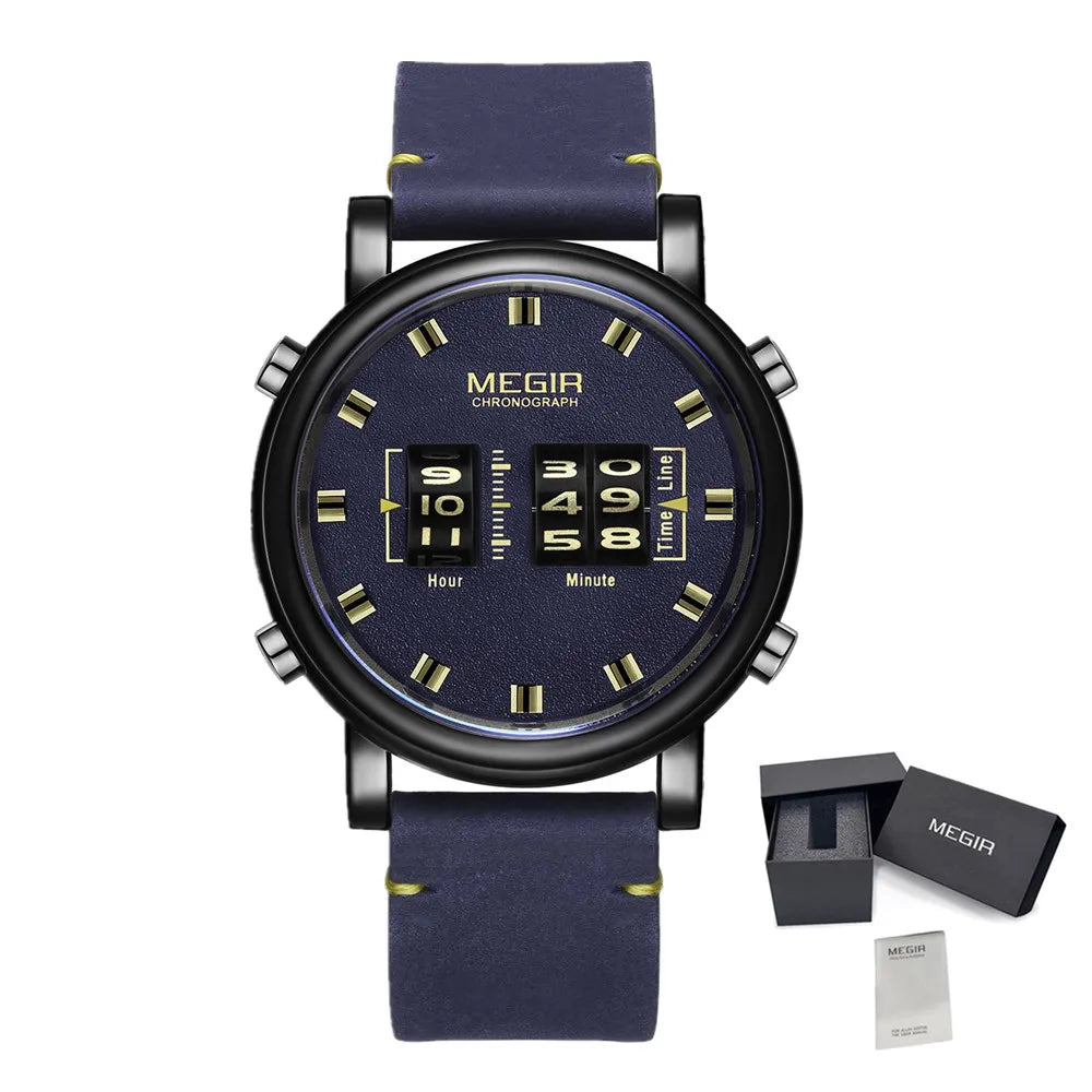 MEGIR Luxury Brand Men Sport Casual Watches Leather Strap Digital Roller Pointer Quartz Wristwatch Clock Relogio Masculino 2137