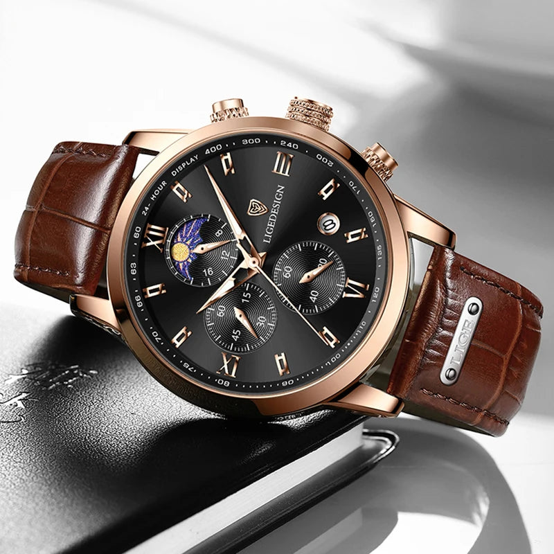 LIGE New Casual Men Watch Luxury Leather Waterproof Sport Quartz Wristwatch Chronograph Military Watch for Men Relogio Masculino