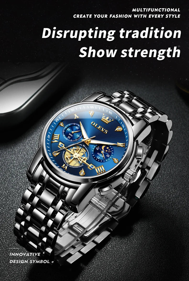 OLEVS Luxury Brand Men's Watch Classic Roman Scale Flywheel Design Moon Phase Waterproof Quartz Watch for Men Original 2856