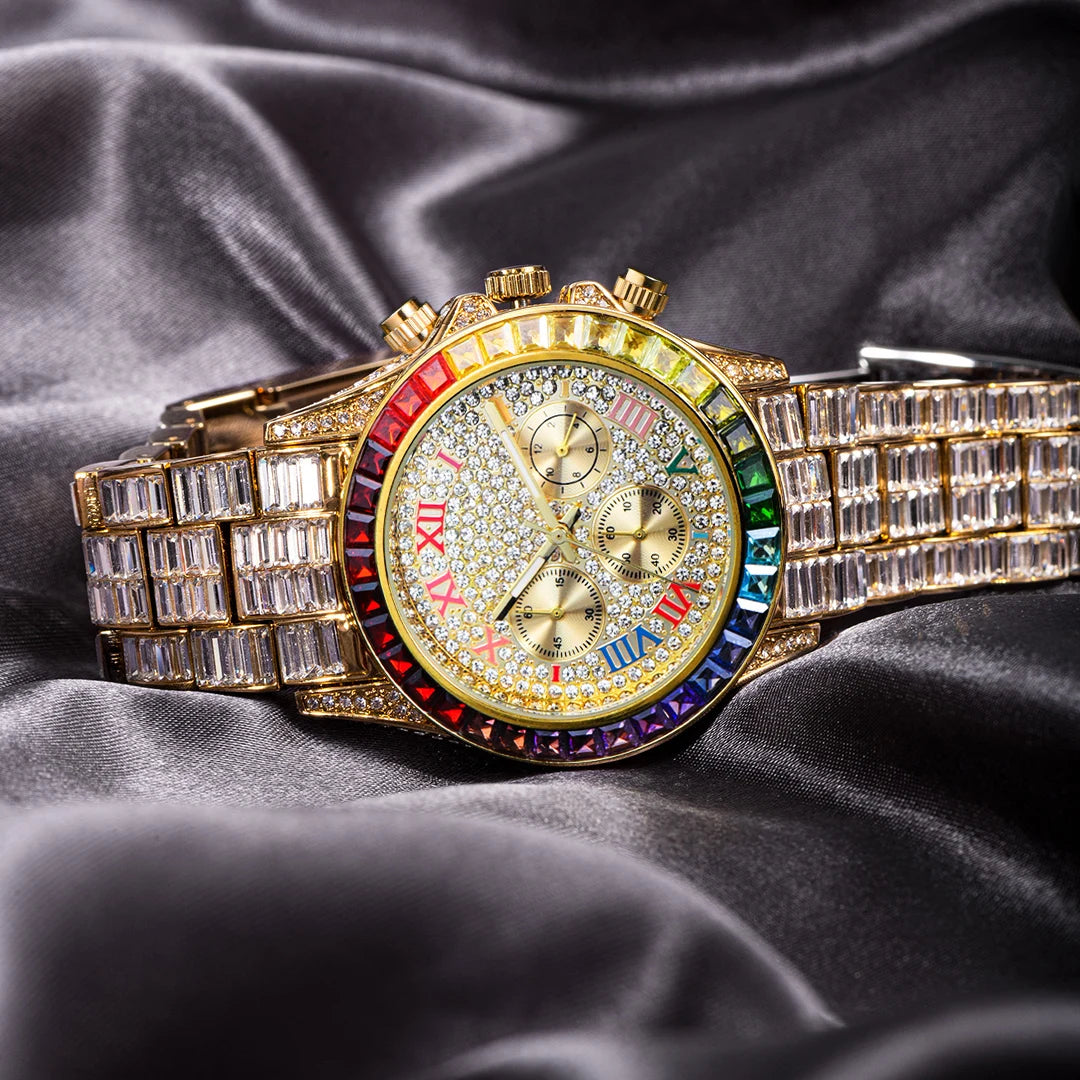 Chronograph Men Quartz Watches Waterproof Rainbow Diamond Luxury Iced Out Watches For Men Gift Dropshipping uhren für herren