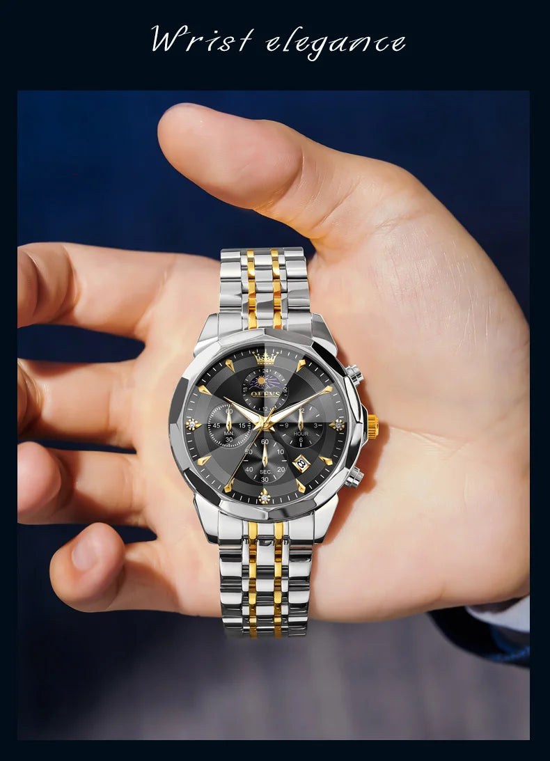 OLEVS Hot Sale Men's Watches Original Brand Quartz Watch Rhombus Mirror Waterproof Luminous Chronograph Moon Phase Watches 3673