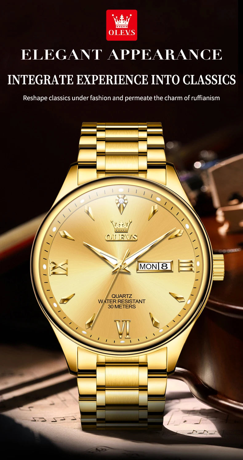 OLEVS 9806 Classic Men's Watches Roman Scale Date Week Stainless steel Business Waterproof Hand Clock