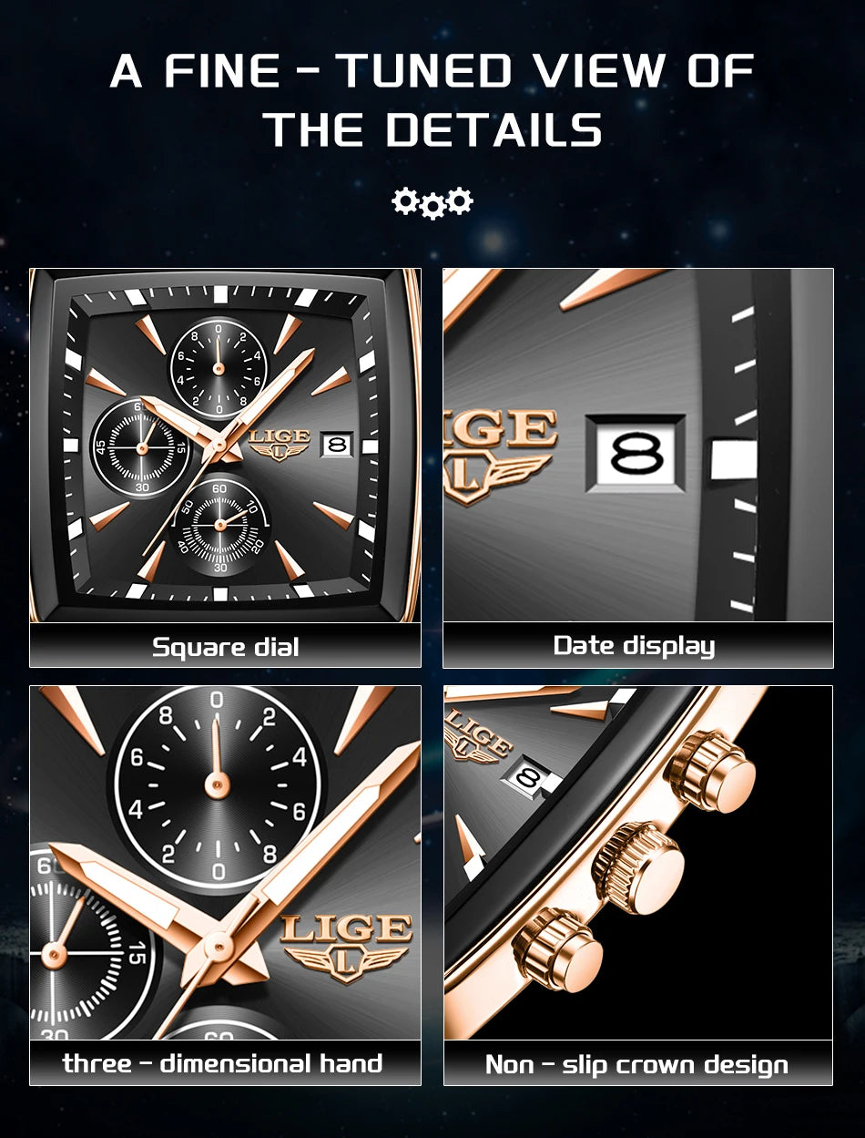 LIGE Fashion Luxury  Watches for Men Square Dial Stainless Steel Waterproof Luminous Auto Date Chronograph Quartz Man Watch+Box