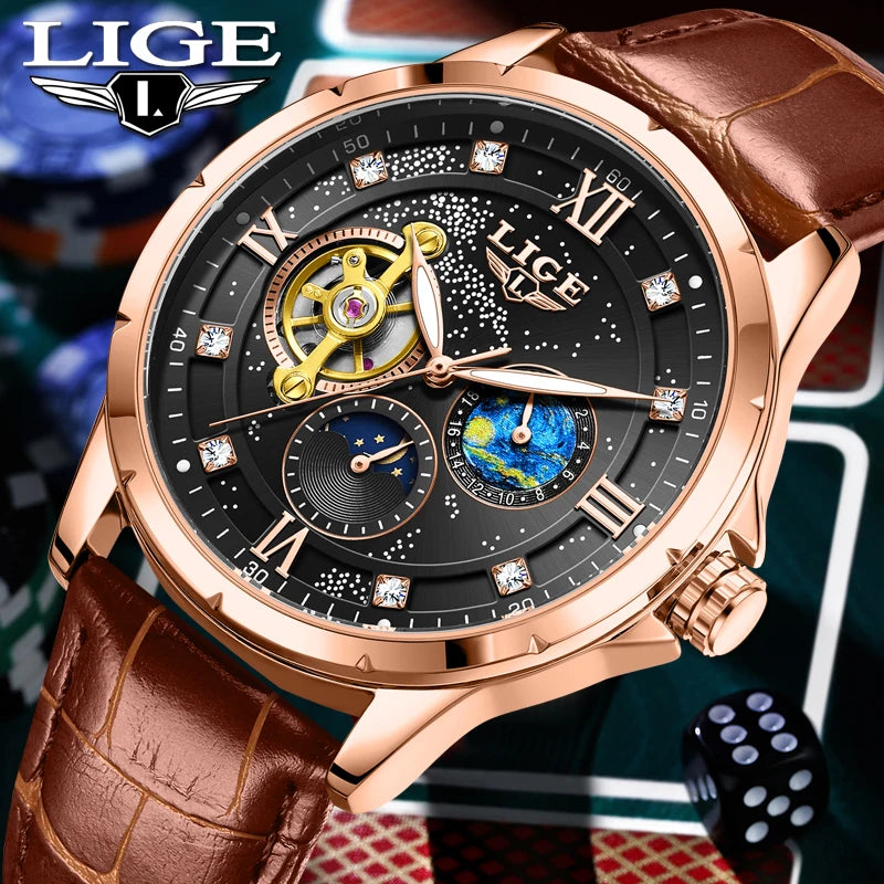 LIGE Top Luxury Mechanical Watches Men Fashion Diamonds Automatic Mens Watch 30M Waterproof Luminous Wristwatch Male Reloj 2026