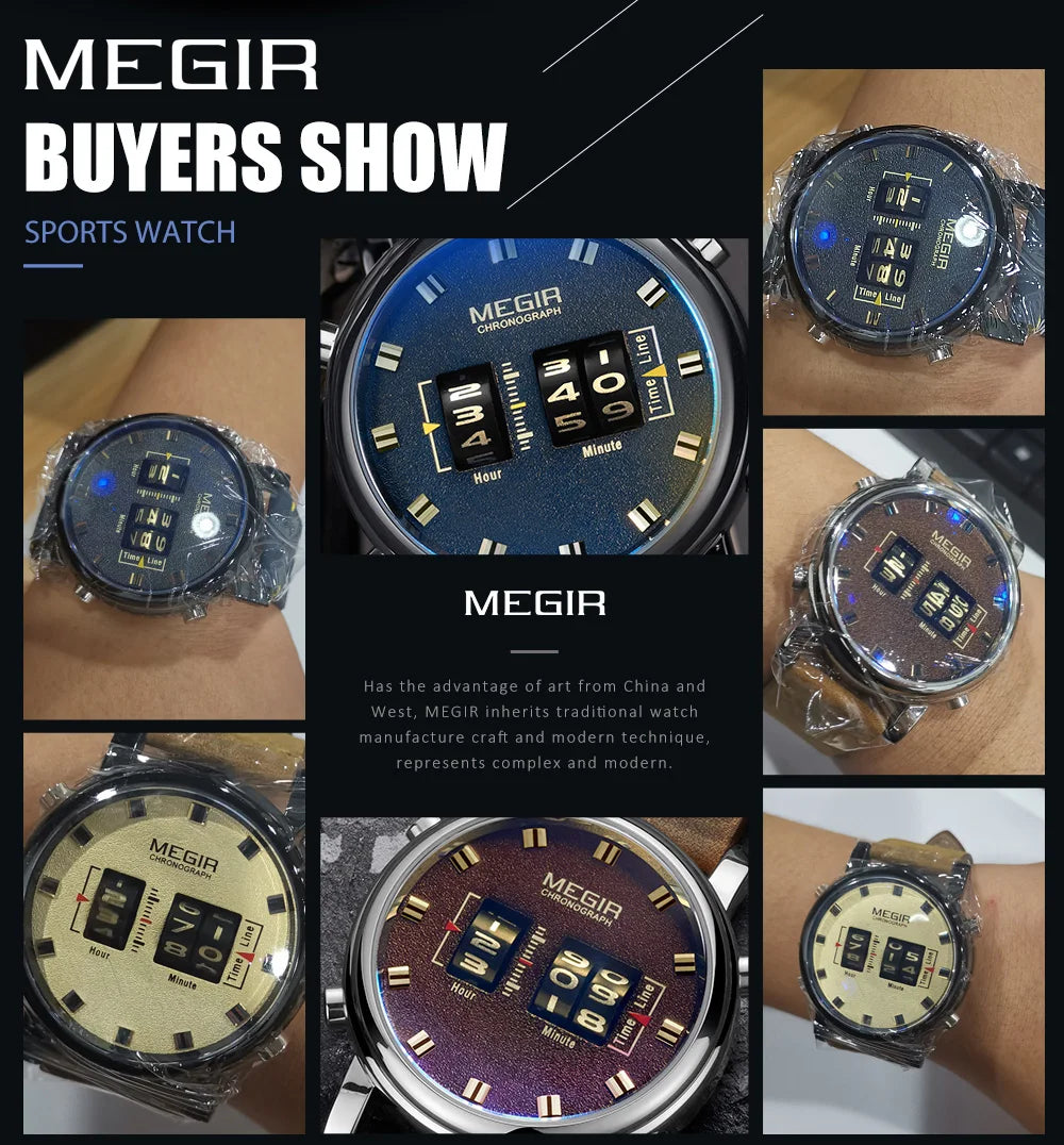 MEGIR Luxury Brand Men Sport Casual Watches Leather Strap Digital Roller Pointer Quartz Wristwatch Clock Relogio Masculino 2137