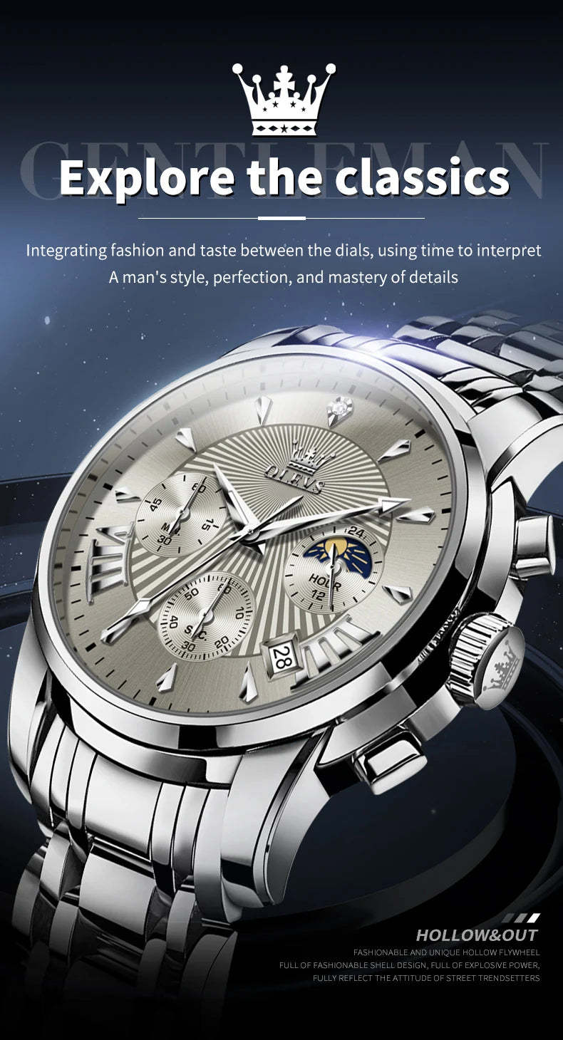 OLEVS Men's Watches 2892 Luxury Business Original Top Brand Quartz Watch for Man Waterproof Moon Phase Date Chronograph Luminous