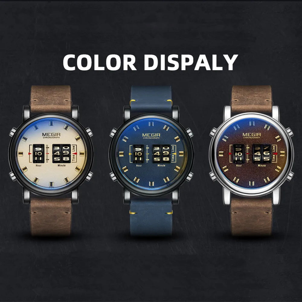MEGIR Luxury Brand Men Sport Casual Watches Leather Strap Digital Roller Pointer Quartz Wristwatch Clock Relogio Masculino 2137