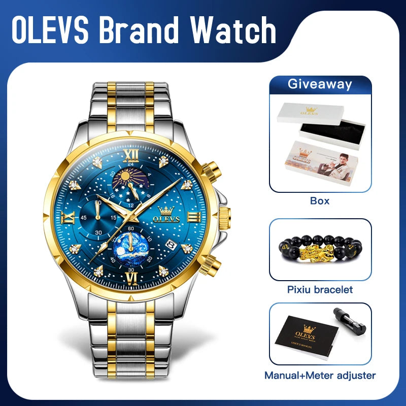 OLEVS 9807 New Mens Watches Original Quartz Watch Multifuncion Chronograph Watch For Man Waterproof Luminous Mens Gifts Freebie
