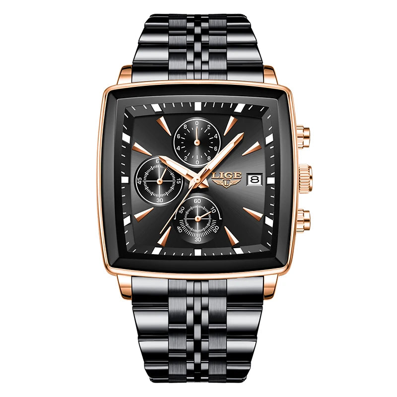 LIGE Fashion Luxury  Watches for Men Square Dial Stainless Steel Waterproof Luminous Auto Date Chronograph Quartz Man Watch+Box