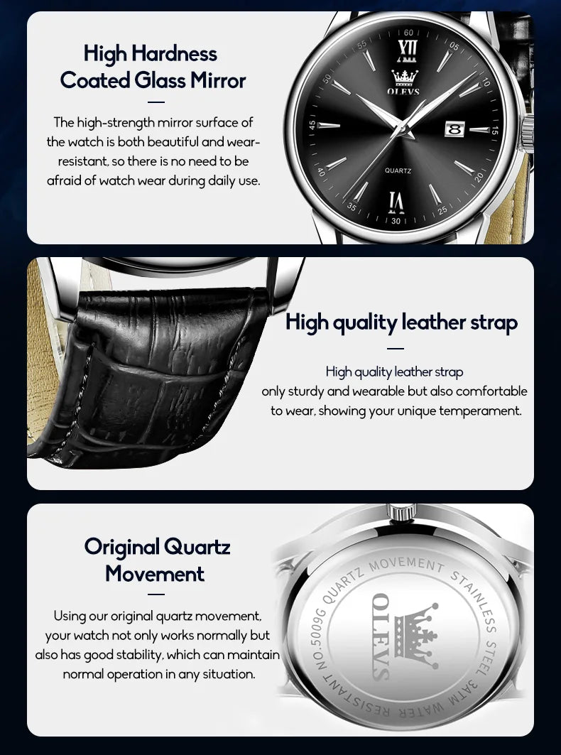 OLEVS Luxury Business Quartz Watches for Men Leather Strap Original Casual Waterproof Man Watch High Quality Men's Wrist Watches