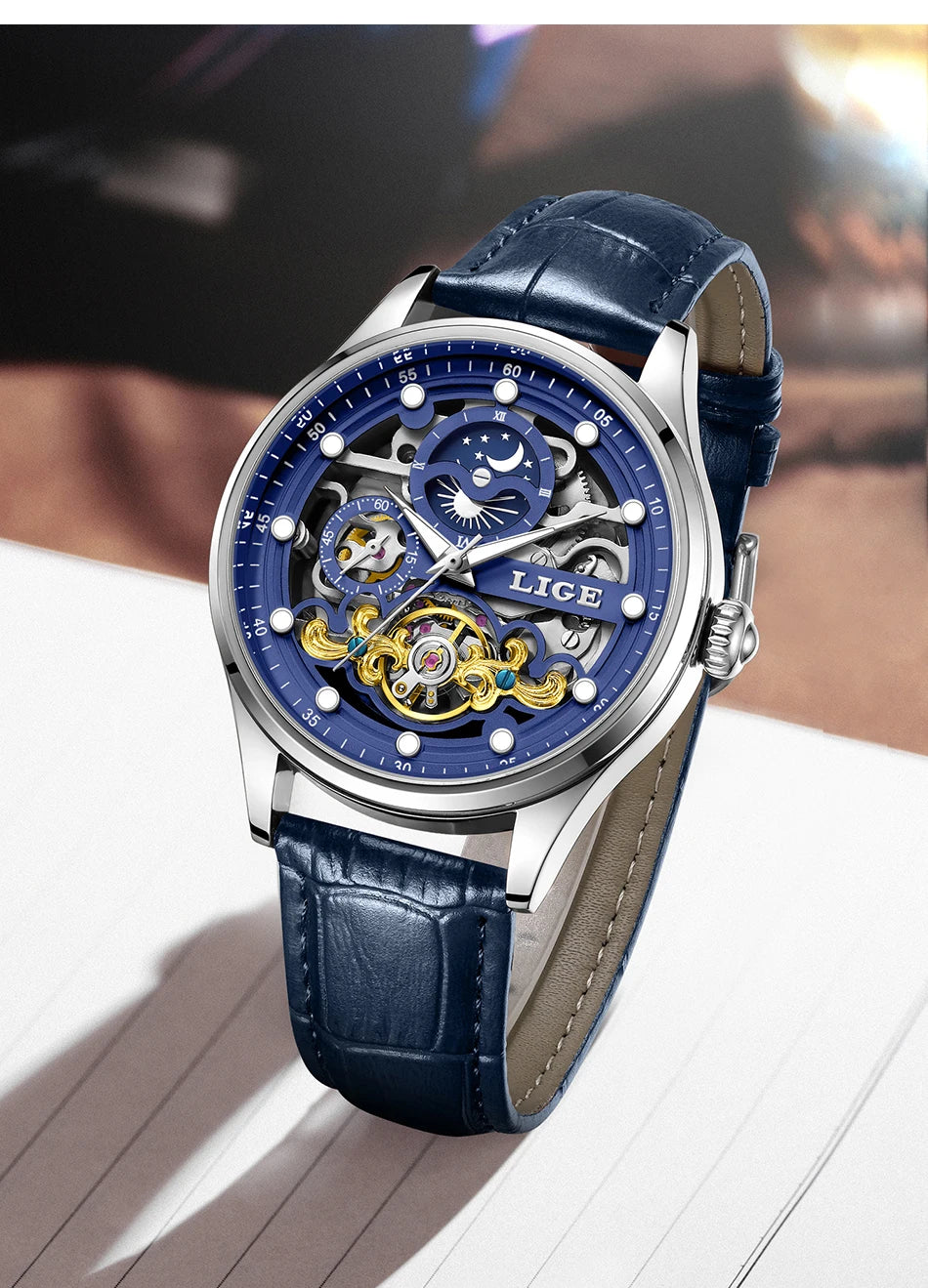 Reloj Hombre Watches Mens LIGE Top Brand Luxury Skeleton Tourbillon Automatic Mechanical Watch for Men Waterproof+Watch Box