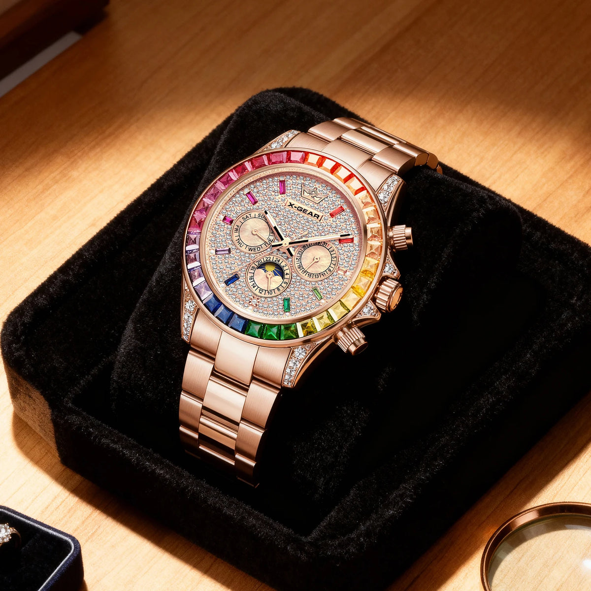 X-GEAR Men's Watch Automatic Mechanical with Diamond Dial Luminous Moon Phase Water-Resistant (Gift)
