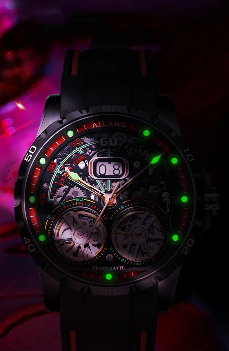 Luxury Sports Double Tourbillon Watches for Men Fashion Calendar Mechanical Watch Waterproof Luminous Clock Mens